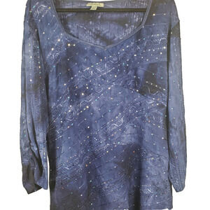 Dress Barn Blue Tie-Dye Sequin 3/4 Sleeve Tunic Top 3X Whimsigoth ✨